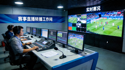 赛事直播转播工作间与实时赛况监控画面